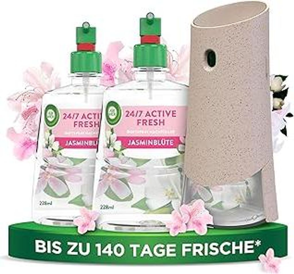 Air Wick Active Fresh – Starter Set – Aeorosolfreier, automatischer Lufterfrischer – Raumduft Jasminblüte – 2 x 228 ml Nachfüller + Gerät