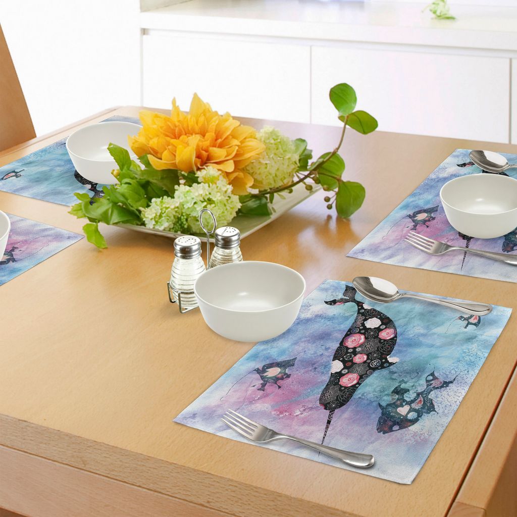 ABAKUHAUS Narwal Platzmatten, Floral gemusterter Narwal Wal und Fisch psychedelisch mit abstrakten Kunst-Inspirationen, Tiscjdeco aus Farbfesten St...