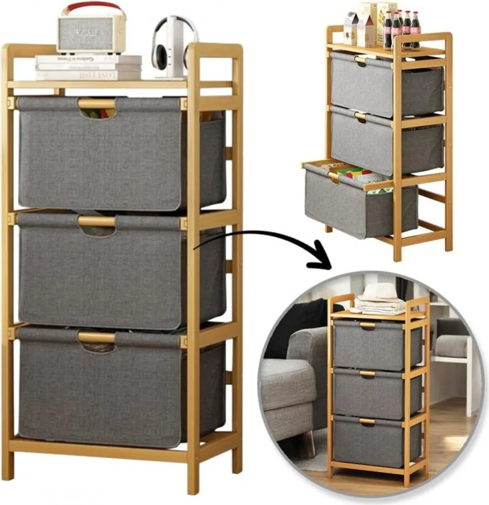 Meuble de rangement en bambou et paniers tissu pour salle de bain