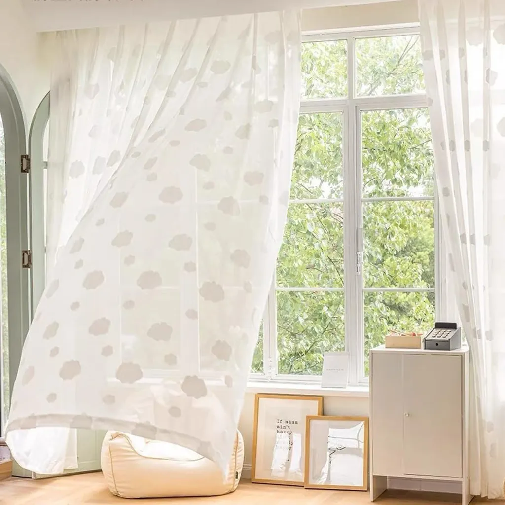 Lot de 2 Rideaux Voile Jacquard à Motifs Nuages Blancs - L132 x H213 cm