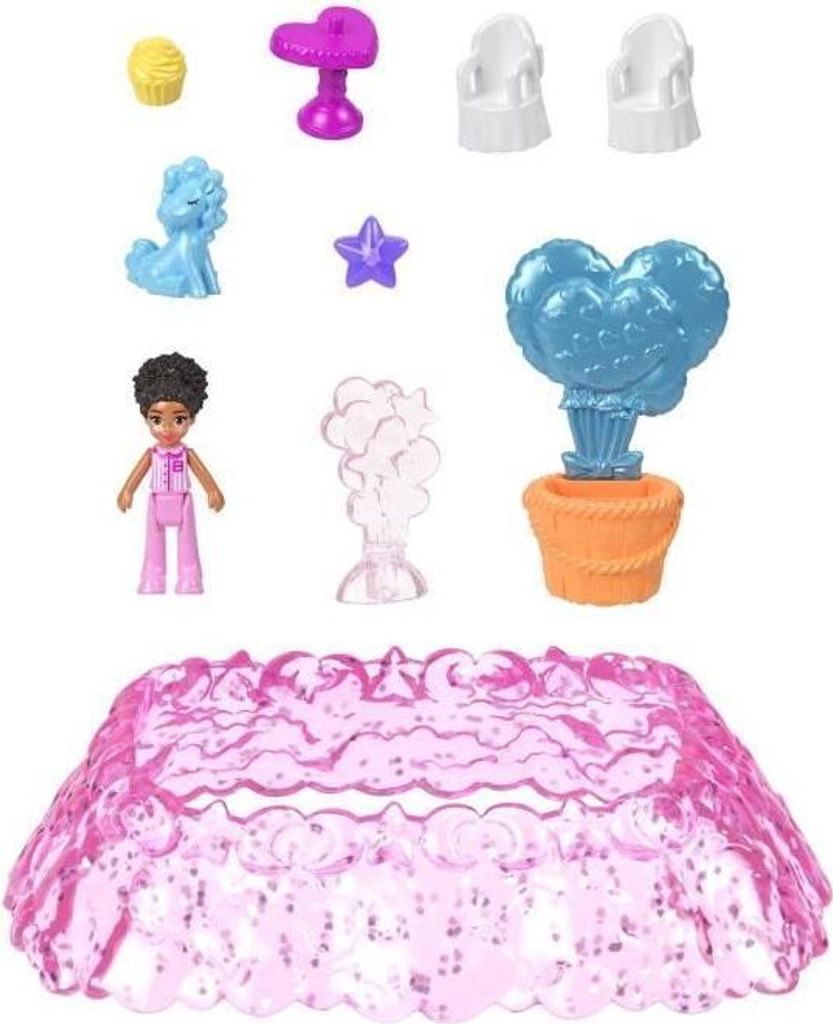 Polly Pocket Traumland Koffer, Mini-Figur, Einhorn, Lamm Koffer, 9 Zubehörteile