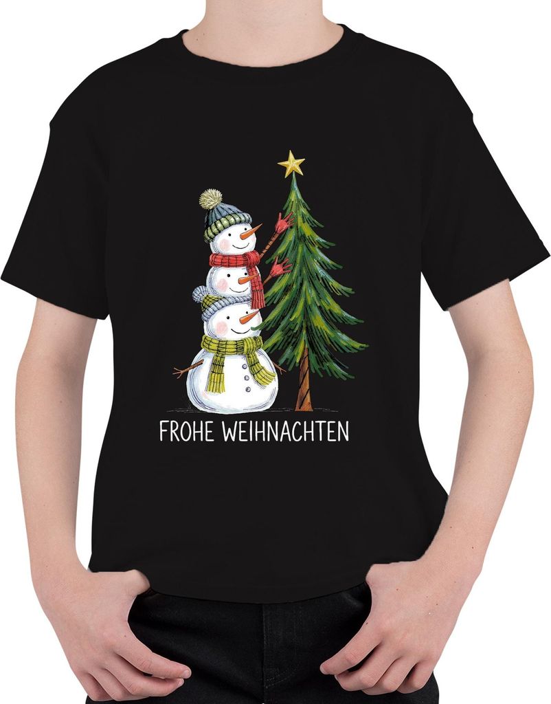 Frohe Weihnachten Schneemänner Weihnachtsbaum Niedlich Kinder Uni Kinder T-Shirt, Schwarz, 140