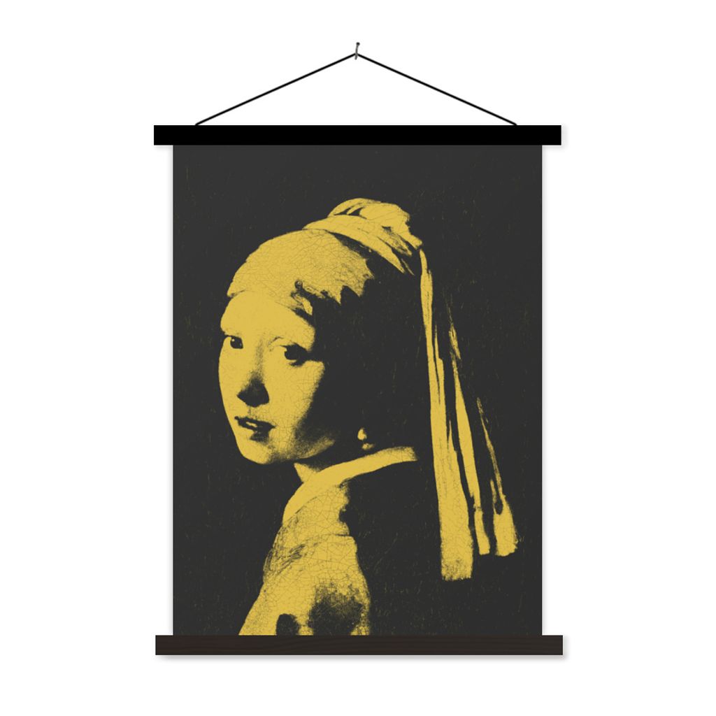 MuchoWow Textilposter Mädchen mit einem Perlenohrring - Johannes Vermeer - Schwarz - Gelb 120x160 cm mit schwarzem Rahmen - Magnetischer