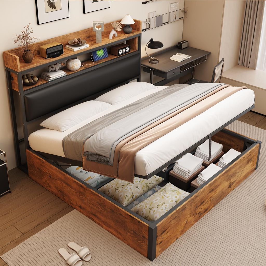 Abrihome Klassisches Bett 180x200cm mit hydraulischem Lagerung, Holzbett Stauraumbett mit USB und Lattenrost, Schwarz