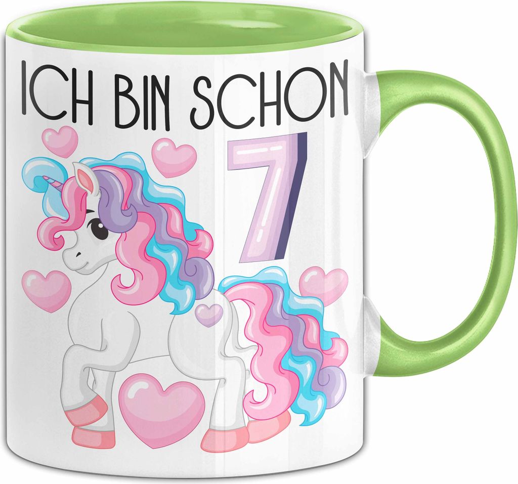 7. Geburtstag Geschenk Tasse Becher Mädchen Tochter Geburtstagsgeschenk Einhorn Ich Bin Schon 7 (Grün)