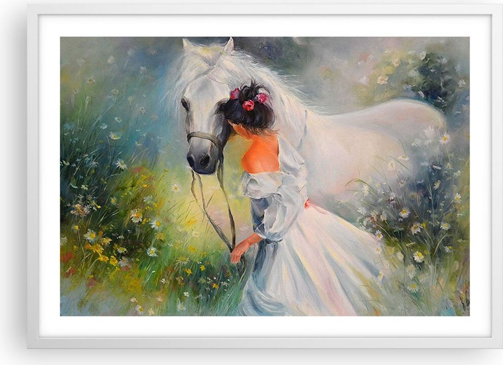 Gerahmtes Poster - Weißer Rahmen - Frau Wiese Pferd - 70x50 cm - Wand Bild - Wanddeko - Wandbilder - Kunstposter - Wandposter - Bilderrahmen - Bil...
