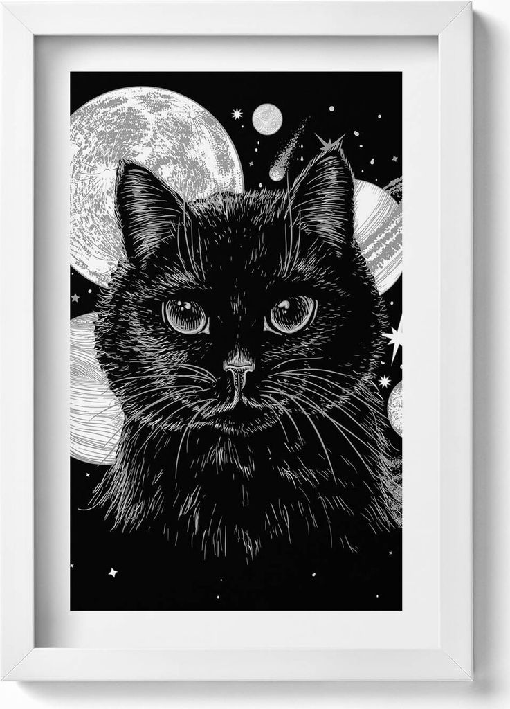 Magische schwarze Katze und Raum– Wandbild mit Rahmen – Gerahmtes Bild – Wanddekoration – 20x30 cm – Weiß