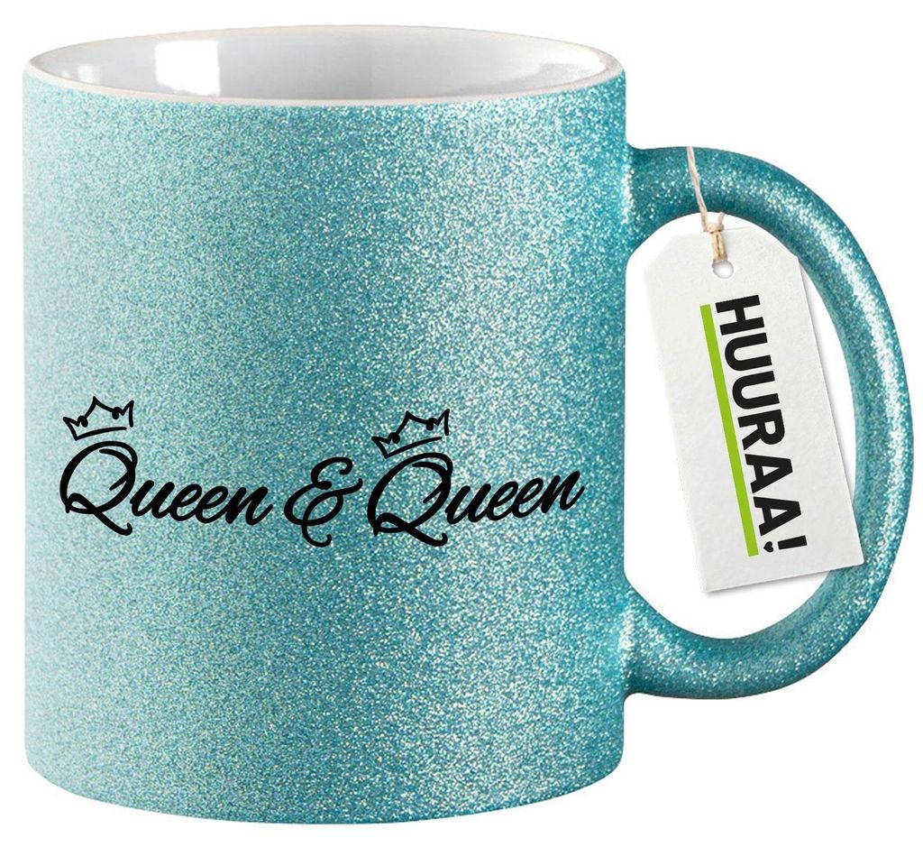 Huuraa Glitzertasse Queen & Queen Krone 330ml Blau Keramik Kaffeebecher Geschenkidee