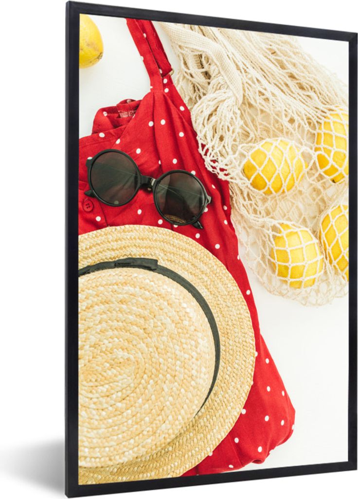 MuchoWow Gerahmtes Poster Sommer - Hut - Tasche 20x30 cm - Poster mit Schwarzem Bilderrahmen Wandposter Rahmen Foto Bilder - Drucken - Bilder Pos...