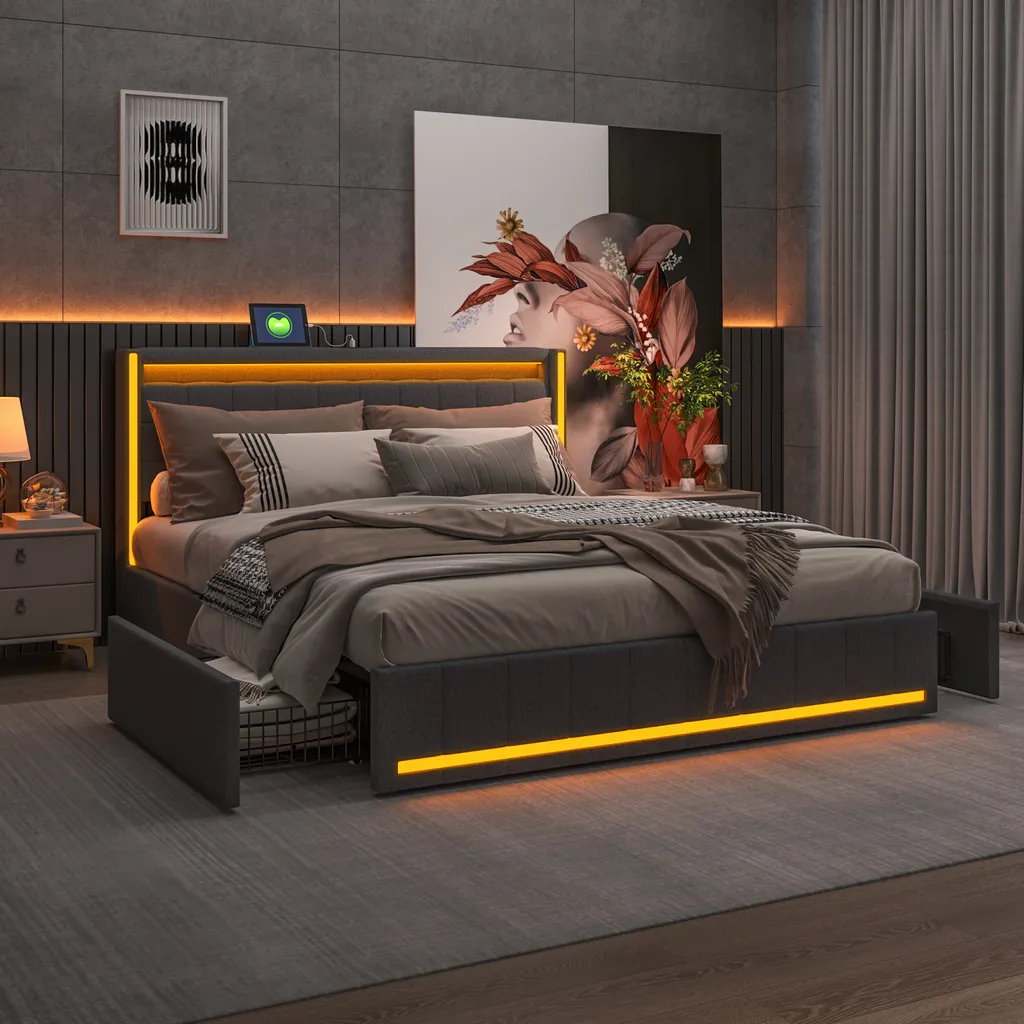 Lit double 160x200 cm gris avec LED et 4 tiroirs en métal collection Nora