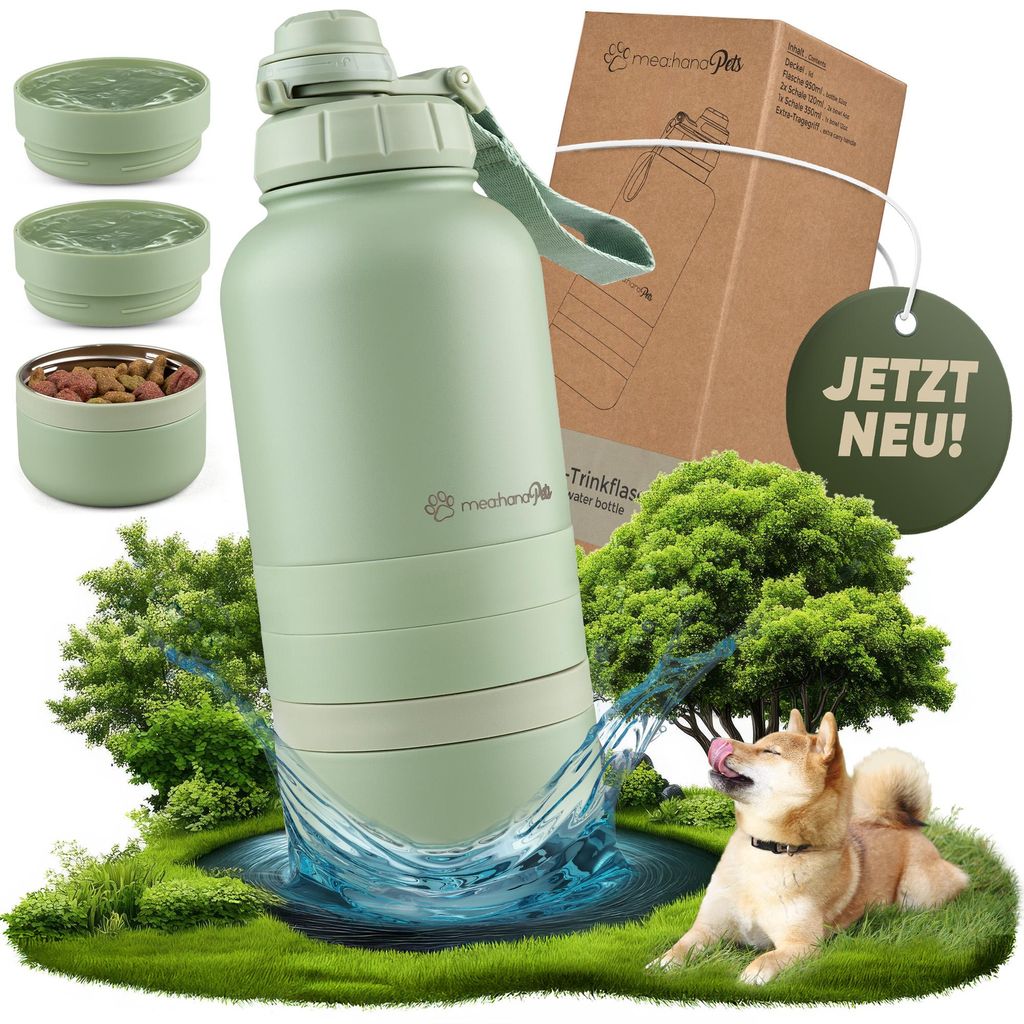 mea:hana Pets Hundetrinkflasche für unterwegs 1l mit Näpfen -für Reisen,Outdoor- Isolierte Edelstahl Flasche mit Napf, Hundezubehör, Hundeflasche