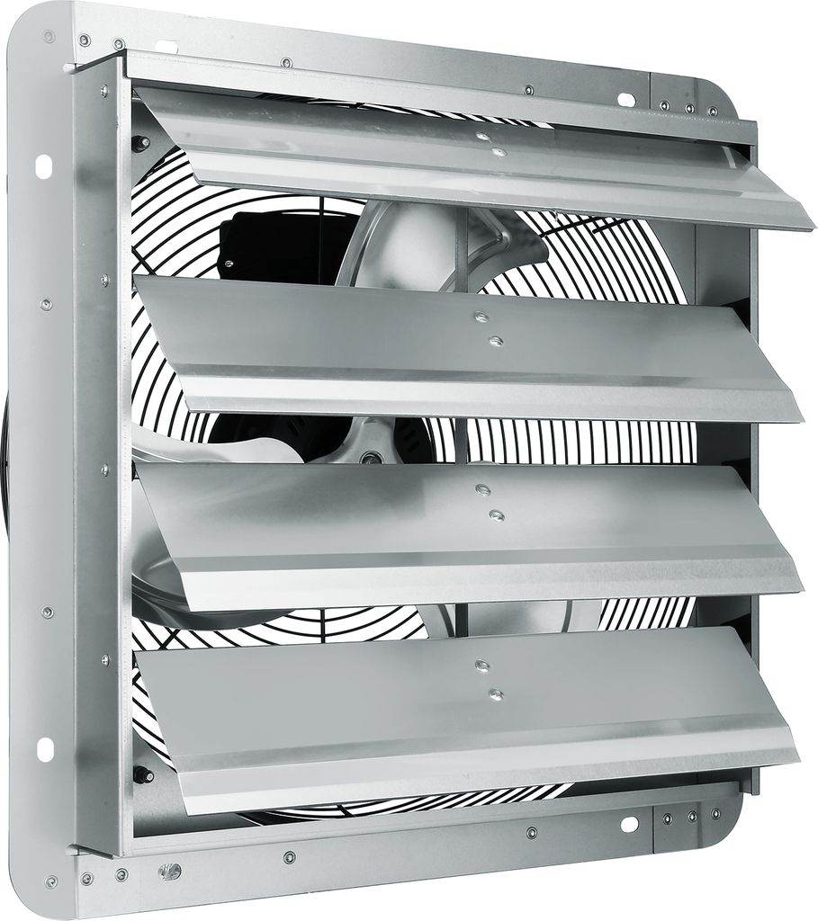 A ventilation fan with louvers, mounted on a white background.