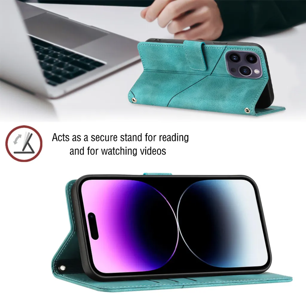 Custodia per iPhone 14 Pro in rilievo Custodia a portafoglio in pelle flip con funzione stand verde - 6