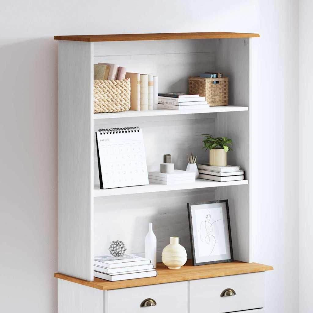 A hutch with shelves displaying various decorative items and books.