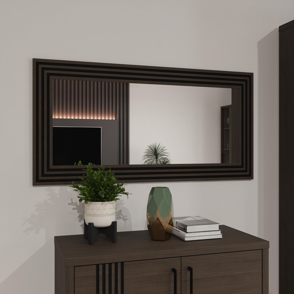 Forte EUFEMIUS Spiegel 120, moderner Spiegel mit gefrästem Rahmen, Dunkelbraun|Schwarz Eiche Holzdekor, 120 cm breit x 60 cm hoch x 1,6 cm tief
