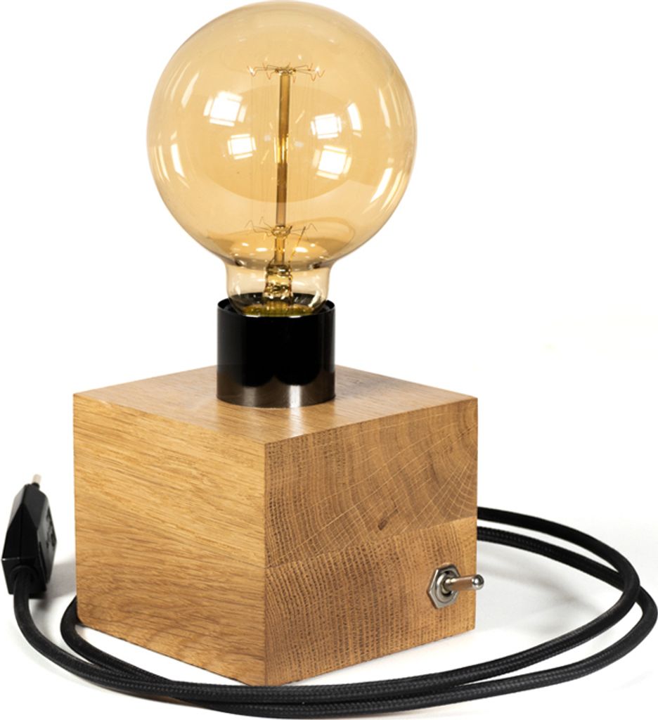 LED Wood | Edison Tischlampe, Nachttischlampe, 10x10 cm, Natur Eiche, Retro, E27, 40W, Glühbirne