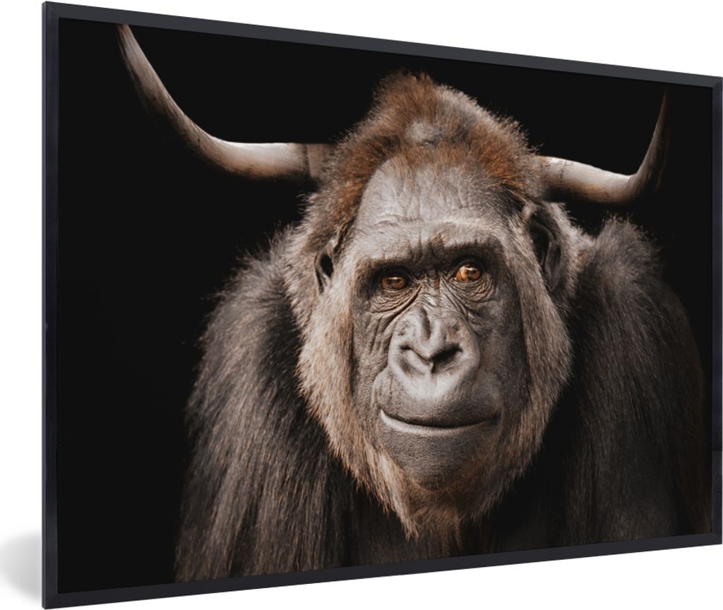 MuchoWow Gerahmtes Poster Affe - Horn - Schwarz 30x20 cm - Poster mit Schwarzem Bilderrahmen Wandposter Rahmen Foto Bilder - Kunstdruck - Bild-Po...