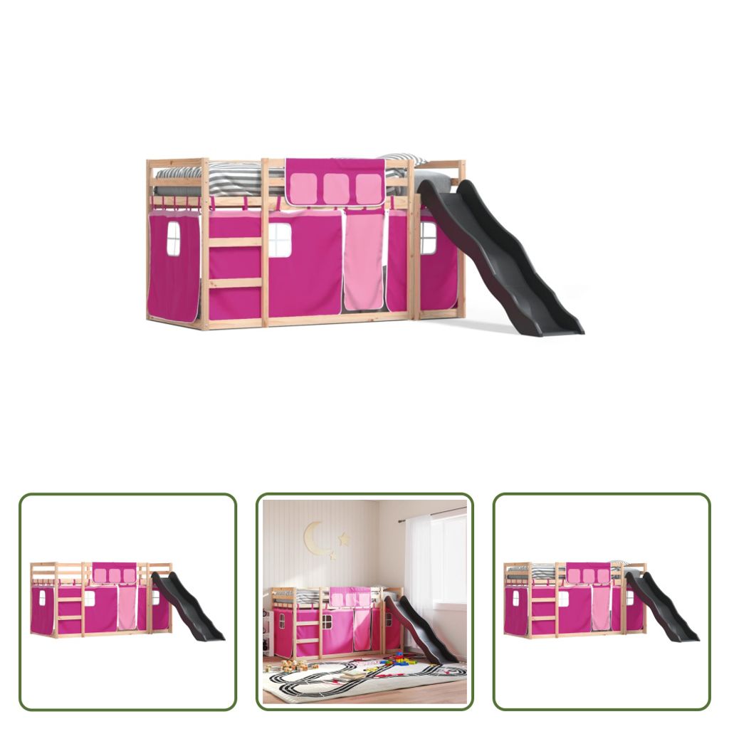 The Living Store Etagenbett mit Rutsche und Gardinen Rosa 80x200 cm