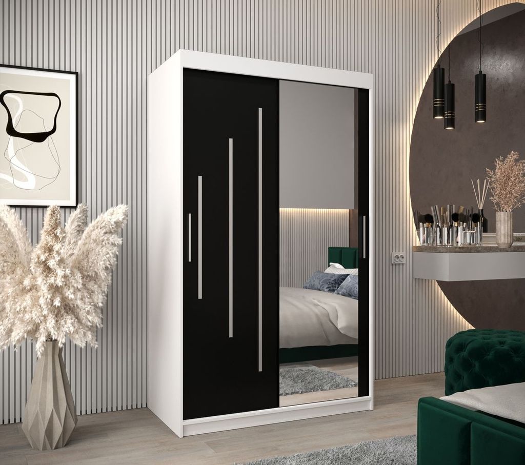 Kleiderschrank mit Spiegel MILADA – Breite 120 cm, weiß / schwarz