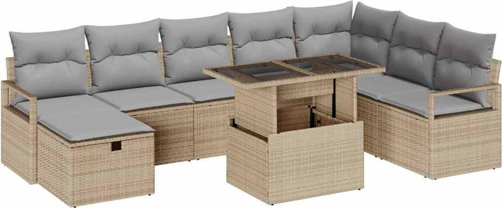 vidaXL Garten-Sofa-Set mit Kissen mit Speicher 9 pcs Beige Poly Rattan