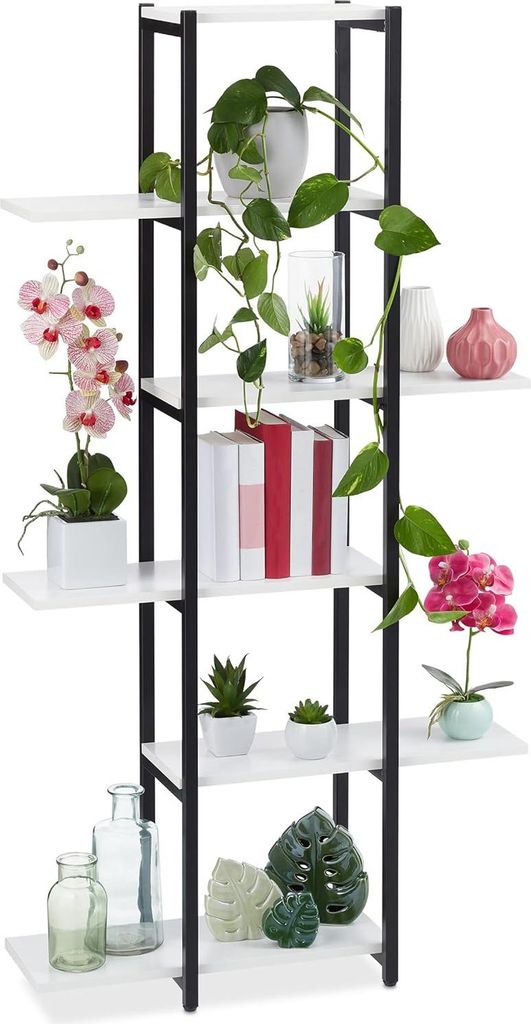 Pflanzenstandaard für drinnen - 6 Etagen - 150x78x24 cm - Stahl - MDF - Schwarz-Weiß