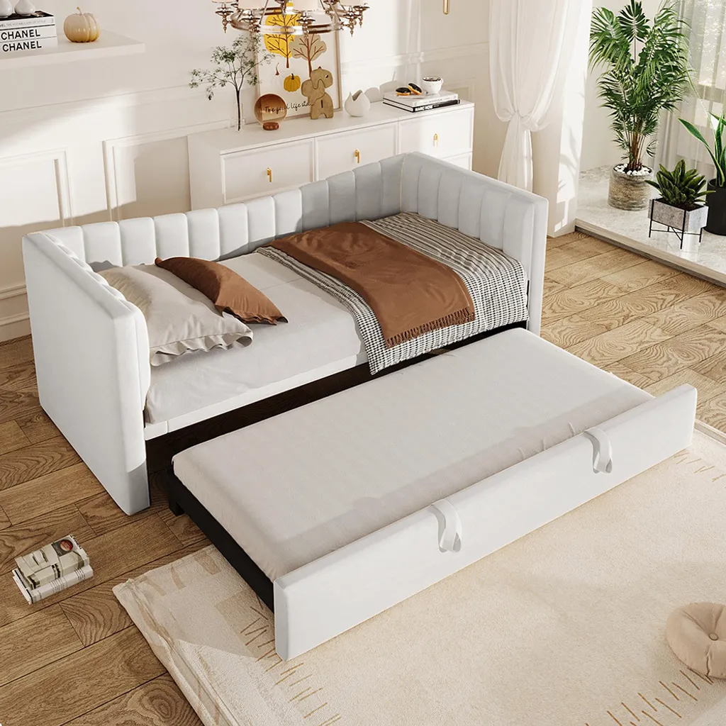 Lit Banquette Extensible 90 à 180 cm Blanc en Velours pour Chambre Amis
