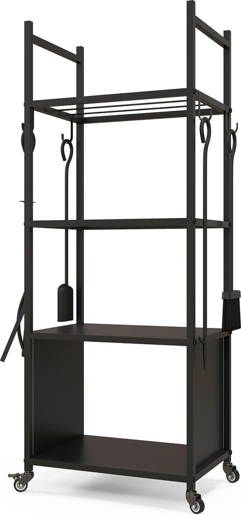 4-Ebenen-Feuerholzregal mit Rädern, Metall-Brennholzregal für Innen/Außen, 4 Werkzeuge inklusive, Schwarz