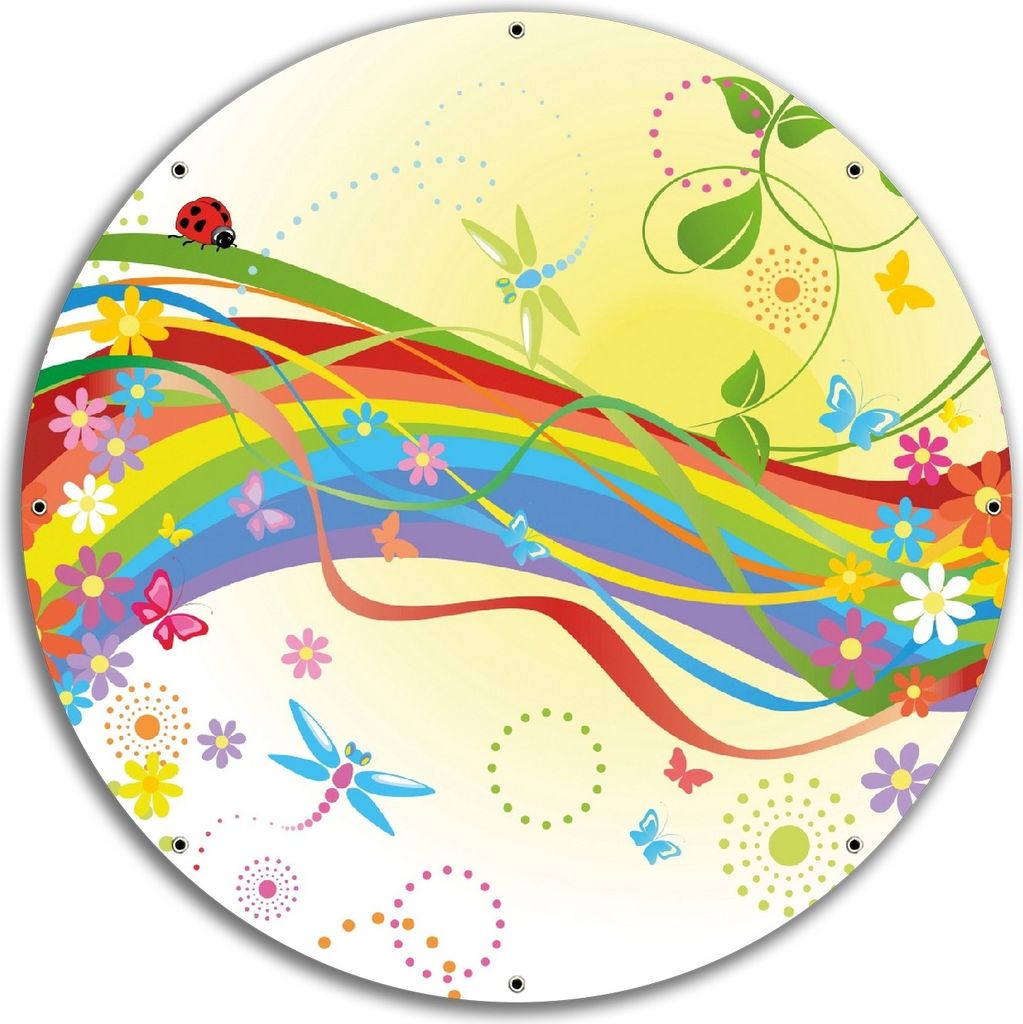 Wallario rundes Outdoor-Poster für Garten oder Balkon, Motiv Regenbogen im Sommer - Bienchen und Blümchen, 60 cm Durchmesser