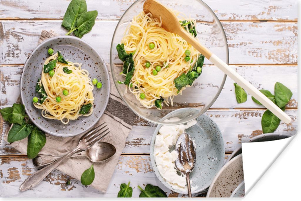 MuchoWow Poster Nudeln - Basilikum - Kochen 90x60 cm - Schlafzimmer