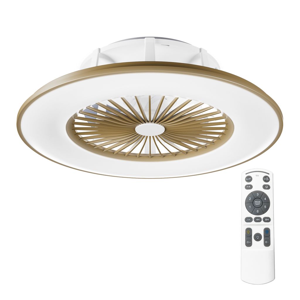 A modern flush-mount ceiling fan with integrated LED lighting, shown with its remote control.