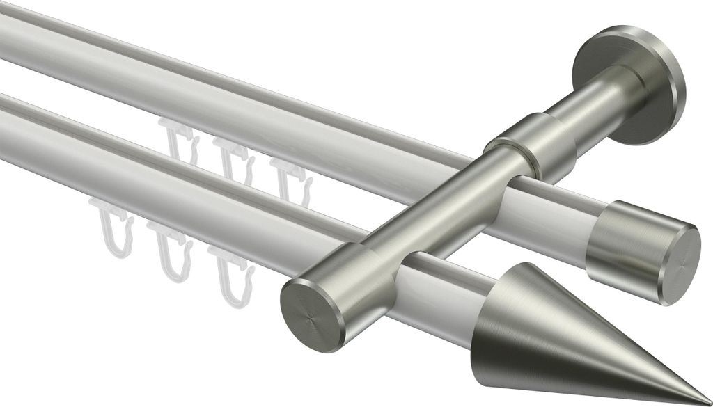 Interdeco Innenlaufstange / Gardinenstange mit Innenlauf Weiß / Edelstahl-Optik, Typ Prestige Savio (Kegel), 20 mm Ø 2-läufig, 280 cm
