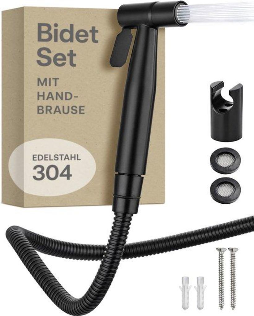 Bidet-Duschkopf-Set schwarz mit Schlauch & Halterung – RVS rostfrei – inkl. 2 Dichtungen – Bidet-Dusche für G1/2 Anschluss – einfache Inst...