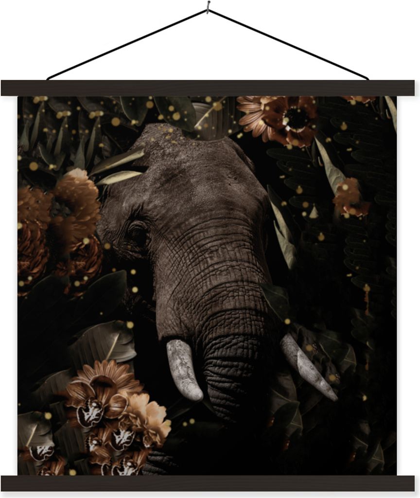MuchoWow Textilposter Elefant - Blumen - Licht - Botanisch 40x40 cm mit schwarzem Rahmen - Fotos