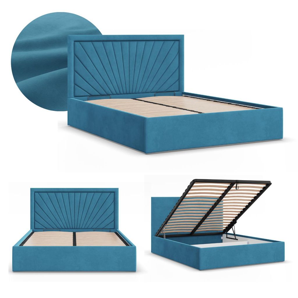 Polsterbett 180x200 cm – Stauraumbett mit Bettkasten, hochklappbar, stabiles Doppelbett mit dekorativem Kopfteil Samt Blau Meeresfarbe VASTO 180 ...