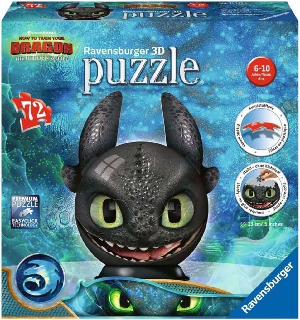 Dragons 3 Sdentato con orecchie 3D palla puzzle 72 pezzi Immagine del prodotto 