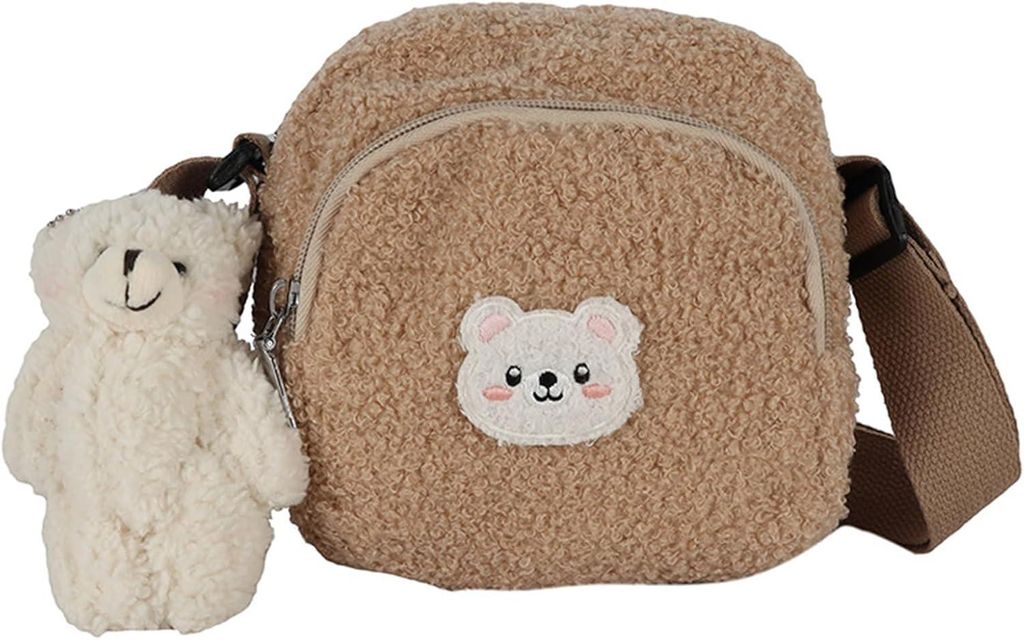 Niedliche Plüschhandtasche mit Bärenanhänger – Kleine Schultertasche – Handtasche für Damen und Mädchen