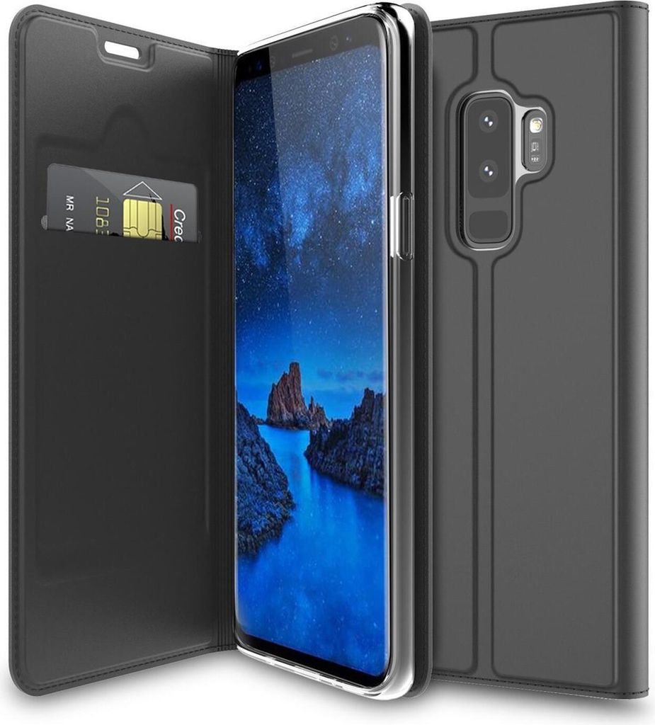 Conie Ultra Slim Klapp Tasche für Samsung Galaxy S9 Plus Kartenfach Hülle Rundumschutz in Anthrazit / Grau