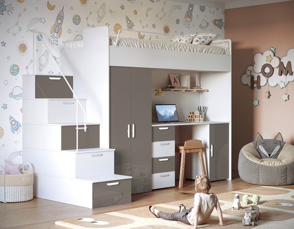 Etagenbett TOMI 4s, Hochglanz Kinderbett Hochbett, OHNE Matraze und Lattenrost (Weiss + Grau, Glanz)