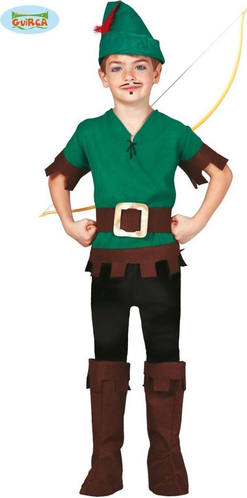 A child wearing a Robin Hood costume, complete with a green tunic, brown belt, black pants, and brown boots. The child is also holding a toy bow and arrow.