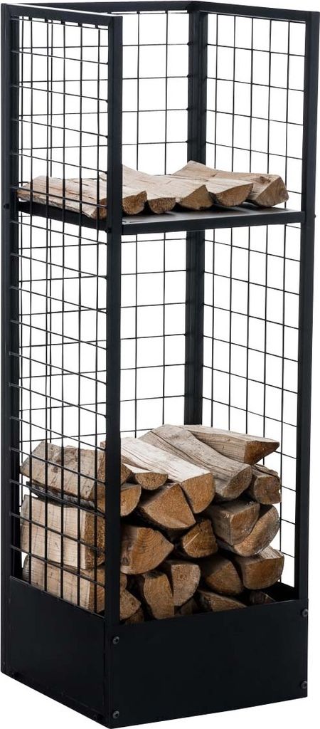 A black metal firewood rack filled with logs.