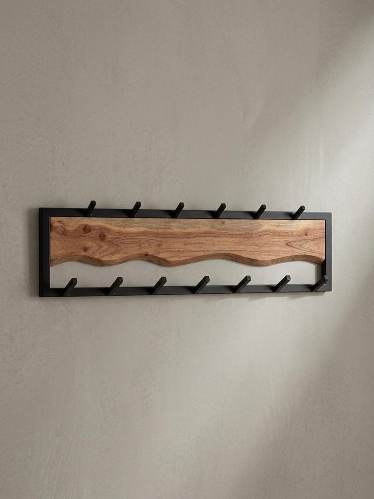 Wandgarderobe Akazie Massivholz / Metall 80x20x8 cm, Hakenleiste für Jacken, Schals und Mützen, Flurgarderobe mit Wellenmuster, Garderobe Wand Holz