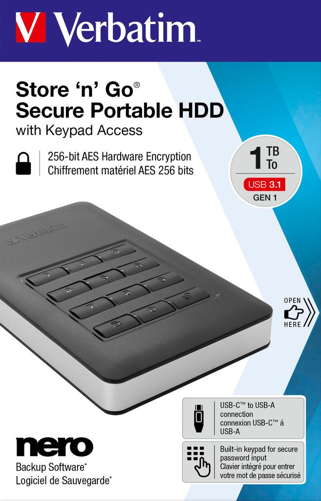 VERBATIM 2,5'' 1TB HDD Secure USB 3.1 mit Tastatur-Zugriff Produktbild 