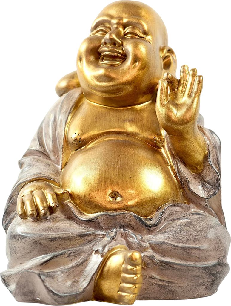 XXL MF Lachende Buddha Figur mit dickem Bauch Skulptur Deko Feng Shui Yoga Meditation in gold / grau Höhe 33cm