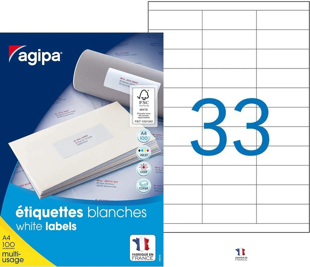 Agipa Étiquettes blanches 70x25 mm haute adhérence pour laser et jet d'encre