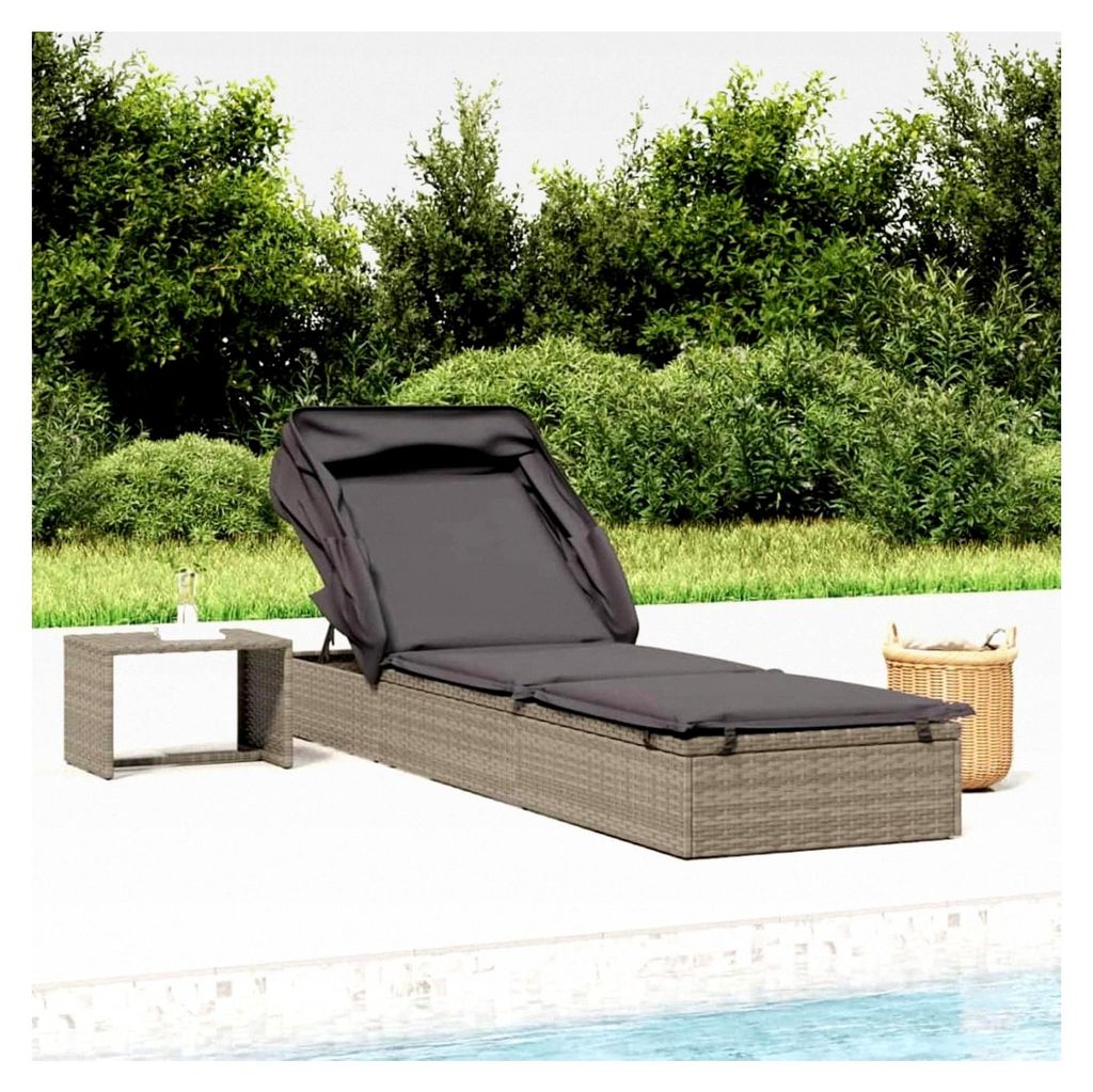 Sonnenliege mit Faltdach Grau 213x63x97 cm Poly Rattan für Garten, Balkon und Terrasse