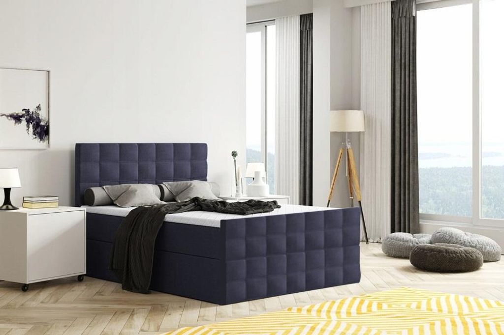Bett, Boxspringbett MERA mit Fußteil, Bettkästen, VISCO Topper, Doppelbett, Stauraum, Federkern, 140x200 cm (Blau - Inari 80)