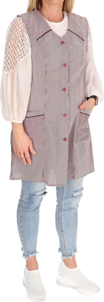 7/8 Kasack Baumwolle gestreift Schürze kurz ohne Arm Kochschürze Kittelschürze, Farbe:bordeaux, Größe:34