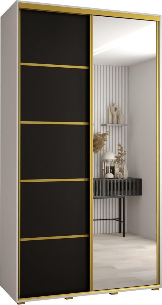 MEBLE KRYSPOL Cannes 5 Schrank mit 2 Schiebetüren - 205,2x140x45 cm - Weiß Schwarz Gold