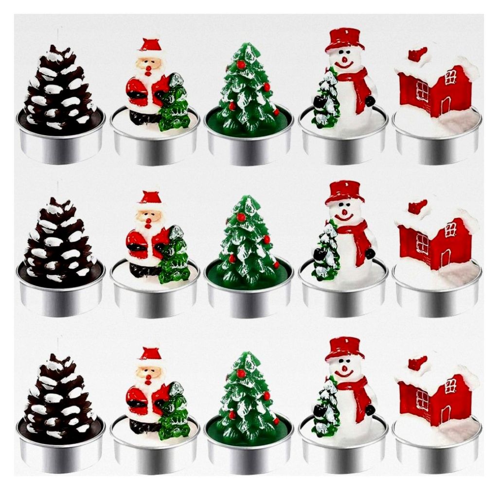 15 Stück Teelichtkerzen Weihnachten in 5 Designs – Handgemachte Weihnachtsmann, Schneemann, Tannenzapfen, Weihnachtsbaum und Weihnachtshaus Kerz...