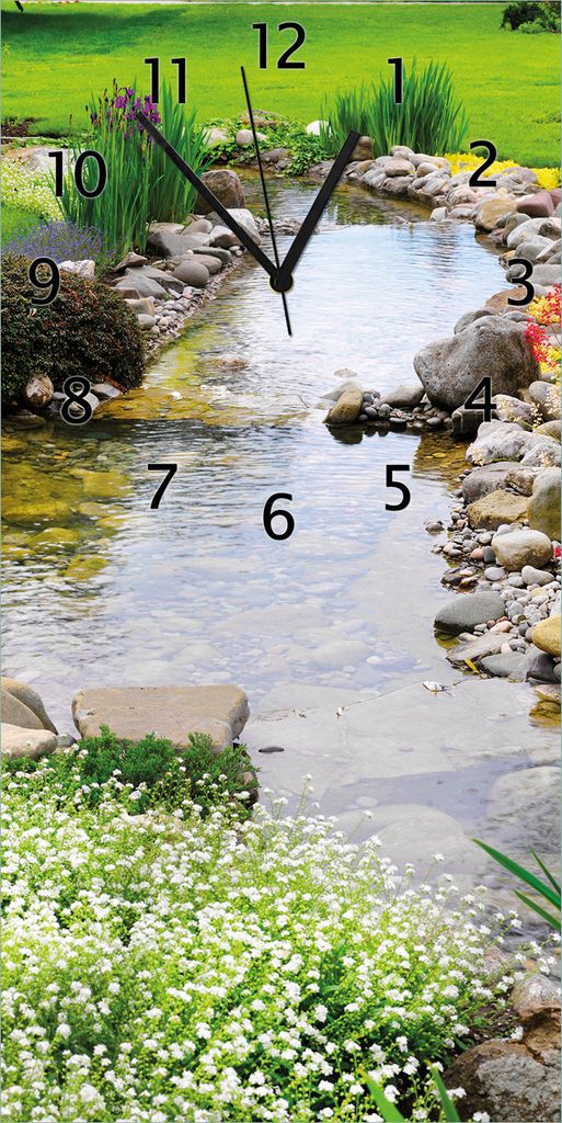 Wallario Design Wanduhr Blumen am Teich aus Echtglas, Größe 30 x 60 cm